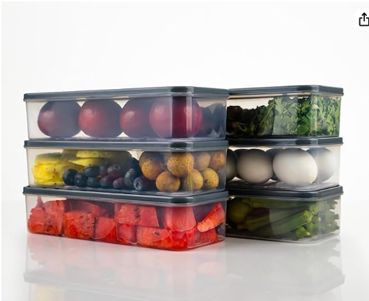 (PACK OF 6) Food Storage Container - Drain Plate and Lid Fridge Container Storage Boxs, Stackable Plastic Fish, Meat, Vegetables