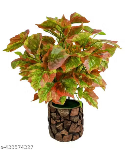 Natural Looking Money Plant Bonsai Artificial Plant with Stylish Coconut Pot (34 cm, Orange)