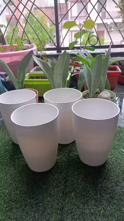 ( Pack Of 4 ) Plastic White Tower Pot Beautiful Design 8.5 Inches