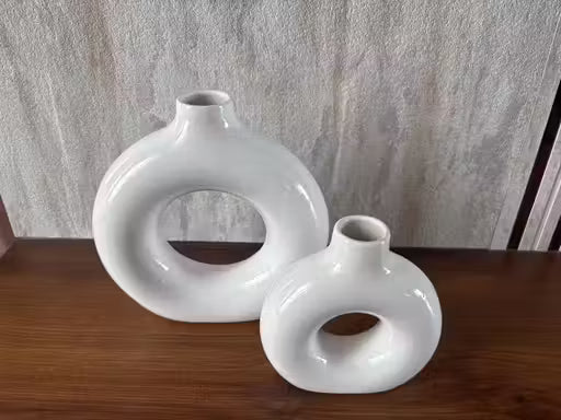 (Pack of 2) Ceramic Donut Vase Round Shape for Indoor Table and Home Decor (White, Standard, Pack of 2)