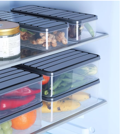(PACK OF 6) Food Storage Container - Drain Plate and Lid Fridge Container Storage Boxs, Stackable Plastic Fish, Meat, Vegetables
