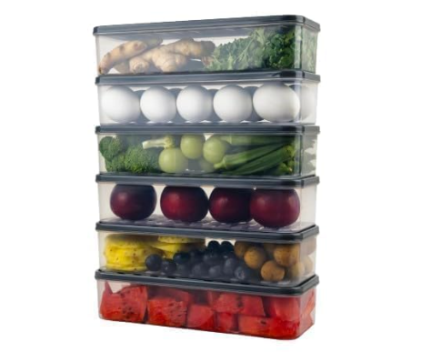 (PACK OF 6) Food Storage Container - Drain Plate and Lid Fridge Container Storage Boxs, Stackable Plastic Fish, Meat, Vegetables